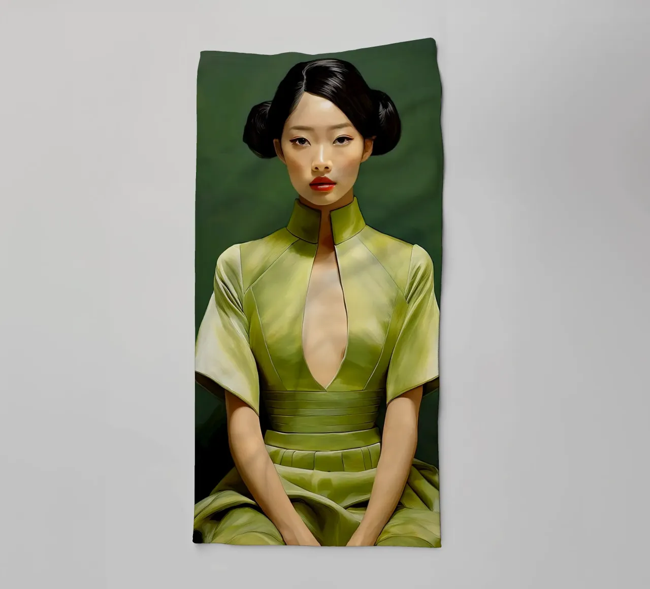 Ritratto donna giapponese in abito verde asciugamano da bagno da Take Your Art BV