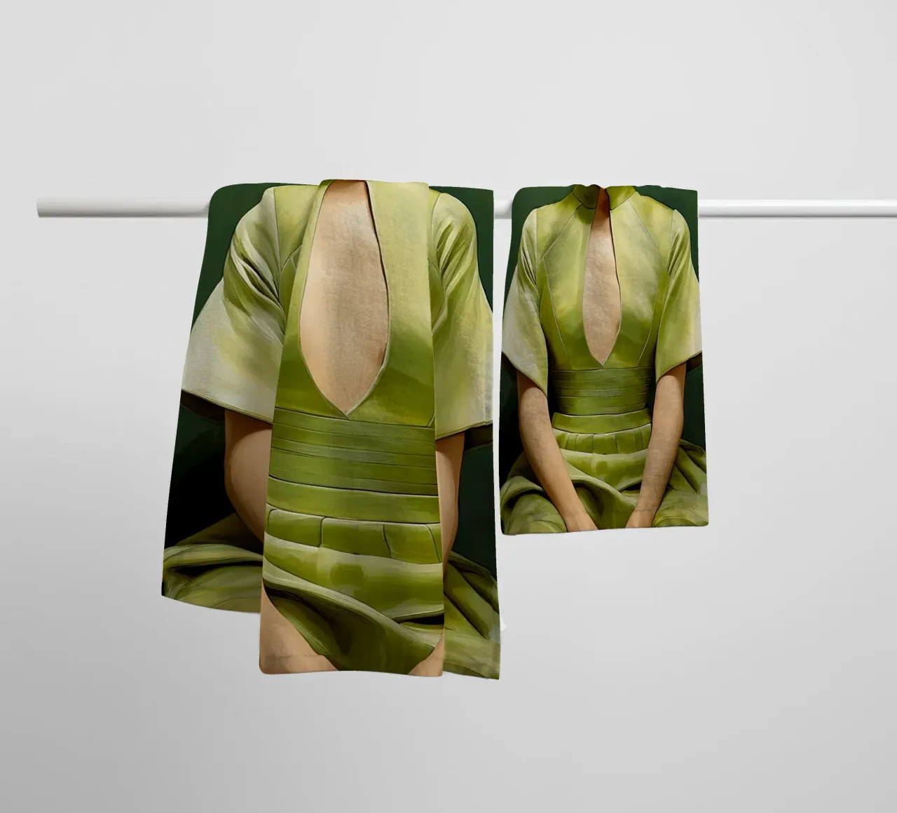 Ritratto donna giapponese in abito verde asciugamano da bagno da Take Your Art BV