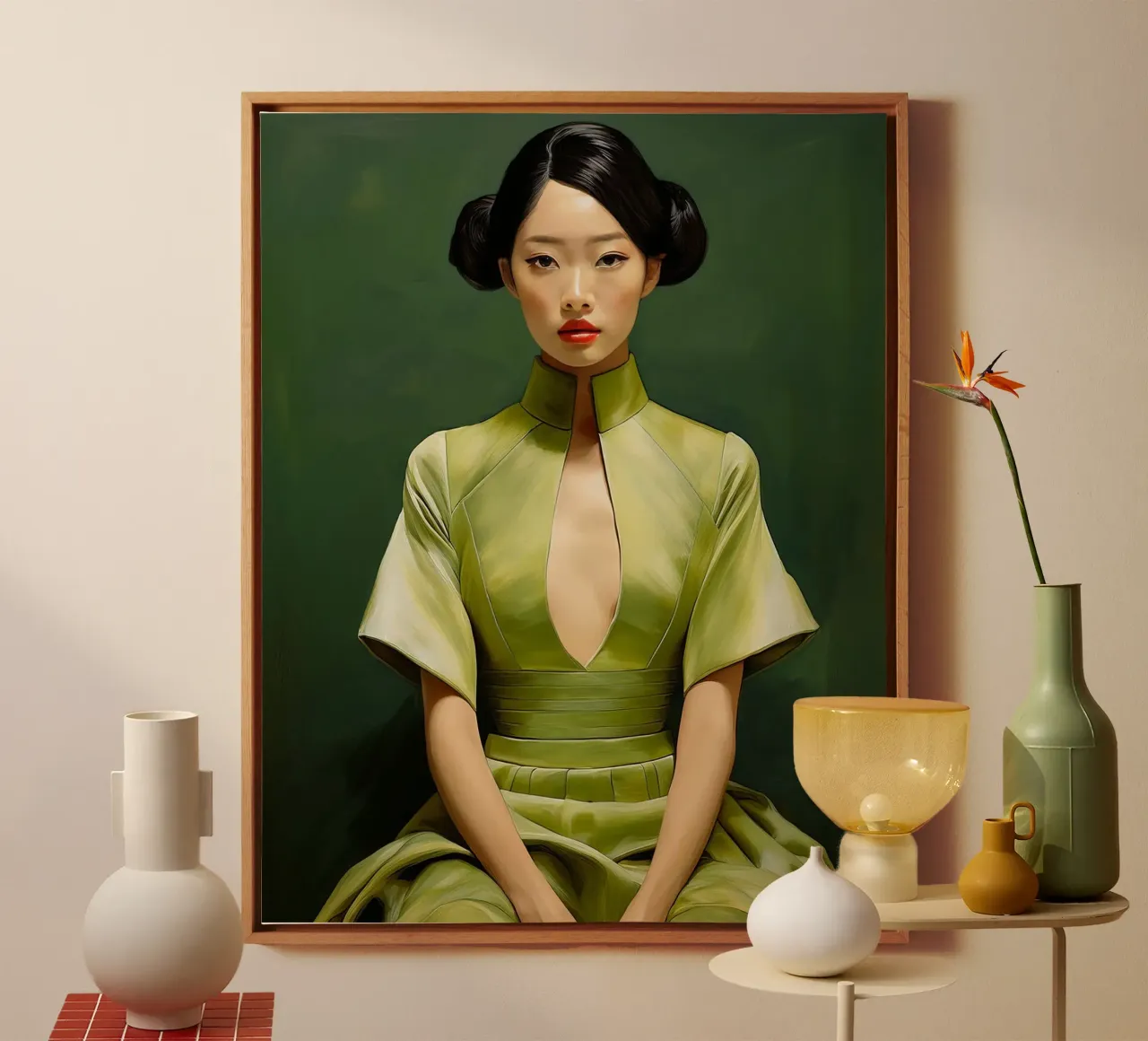 Ritratto donna giapponese in abito verde tela con Cornice a cassetta da Take Your Art BV