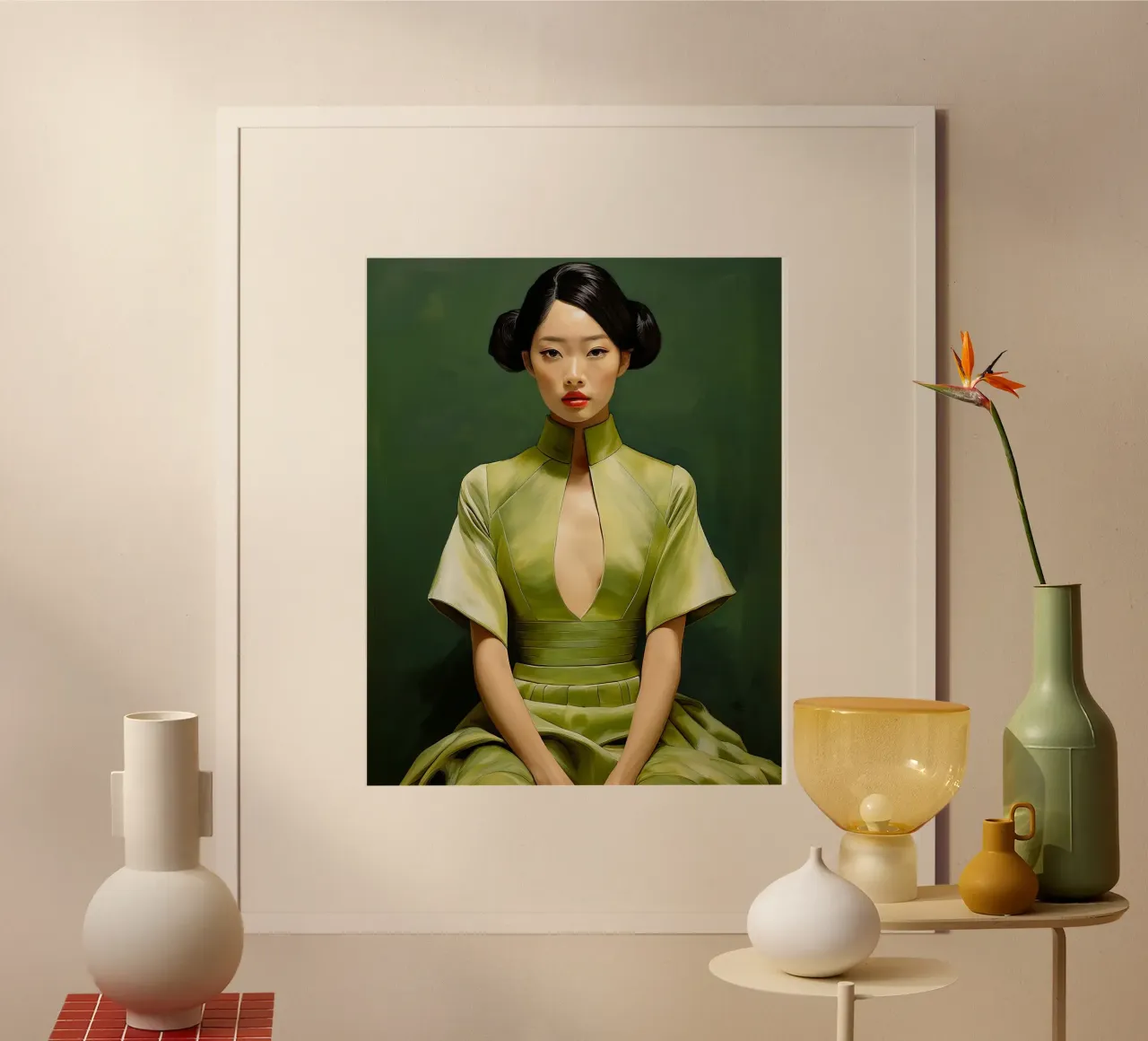 Ritratto donna giapponese in abito verde poster con telaio in legno da Take Your Art BV