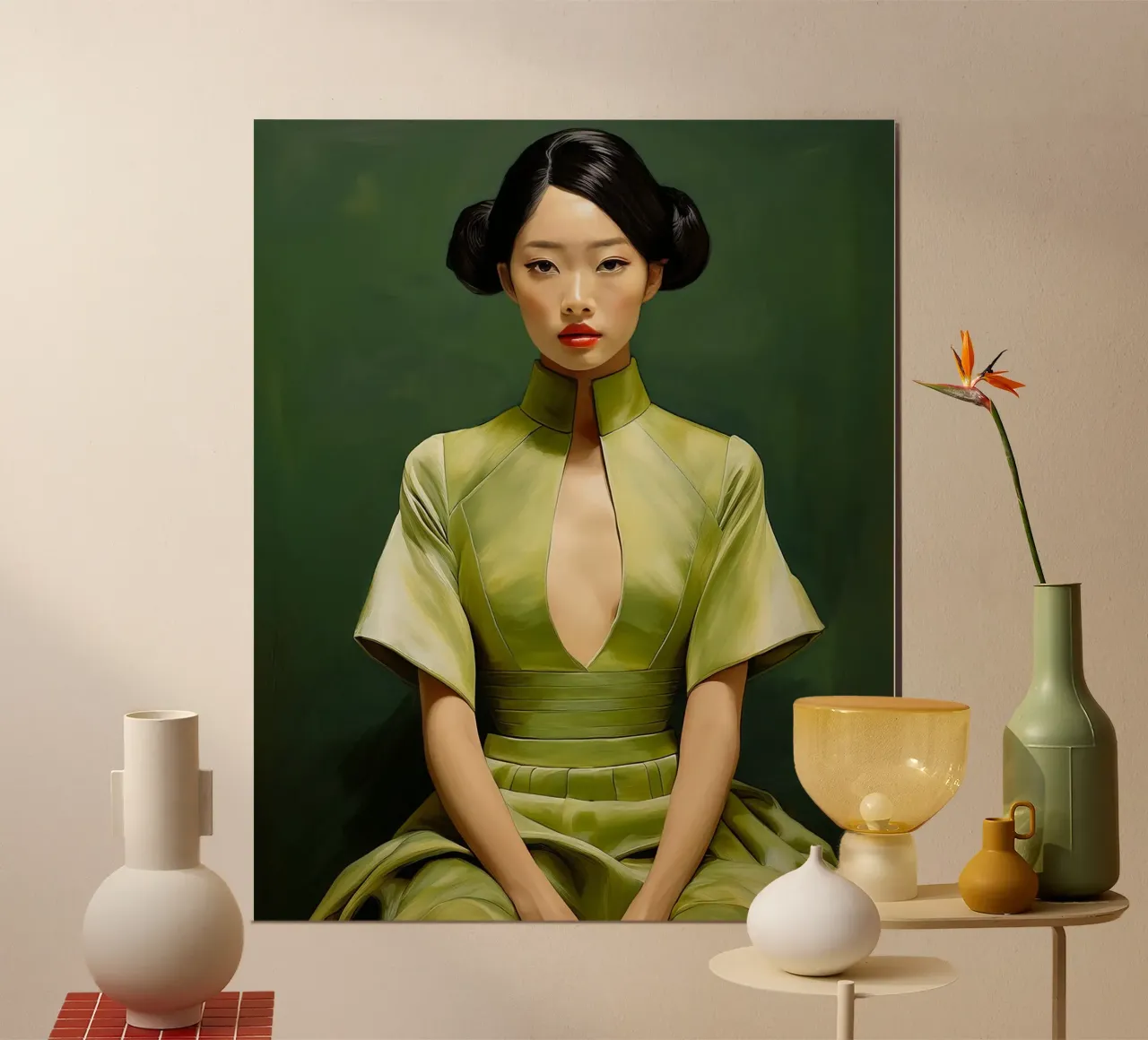Ritratto donna giapponese in abito verde poster con telaio in legno da Take Your Art BV
