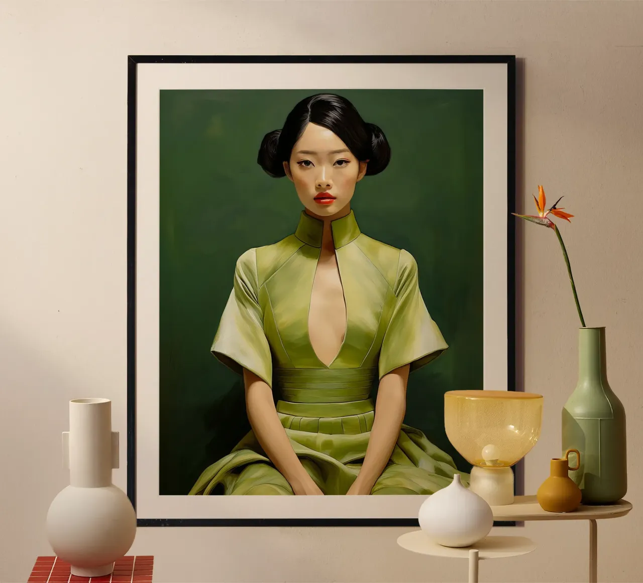 Ritratto donna giapponese in abito verde poster con telaio in legno da Take Your Art BV