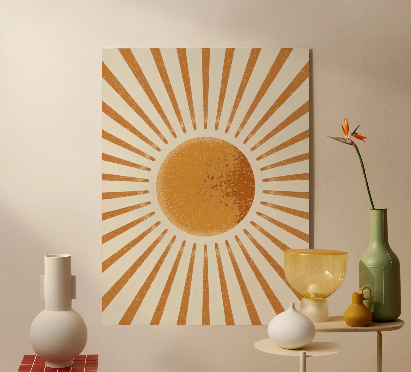 Wandbild „Sunburst“ – Poster mit gelber Sonne im Retro-Stil – Wohnaccessoire im Boho-Stil Acryl-Glas von logic