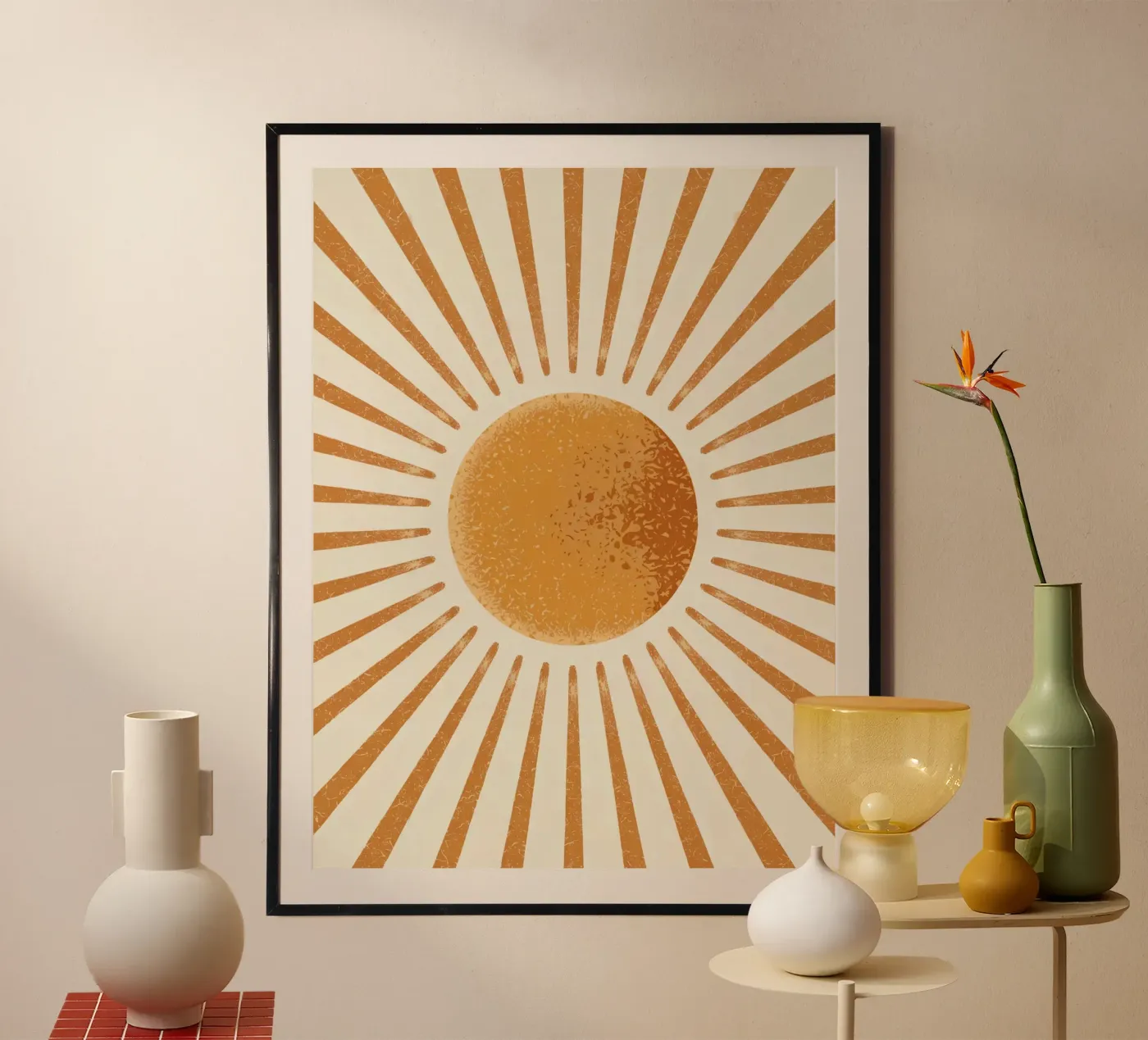 Wandbild „Sunburst“ – Poster mit gelber Sonne im Retro-Stil – Wohnaccessoire im Boho-Stil Poster von logic