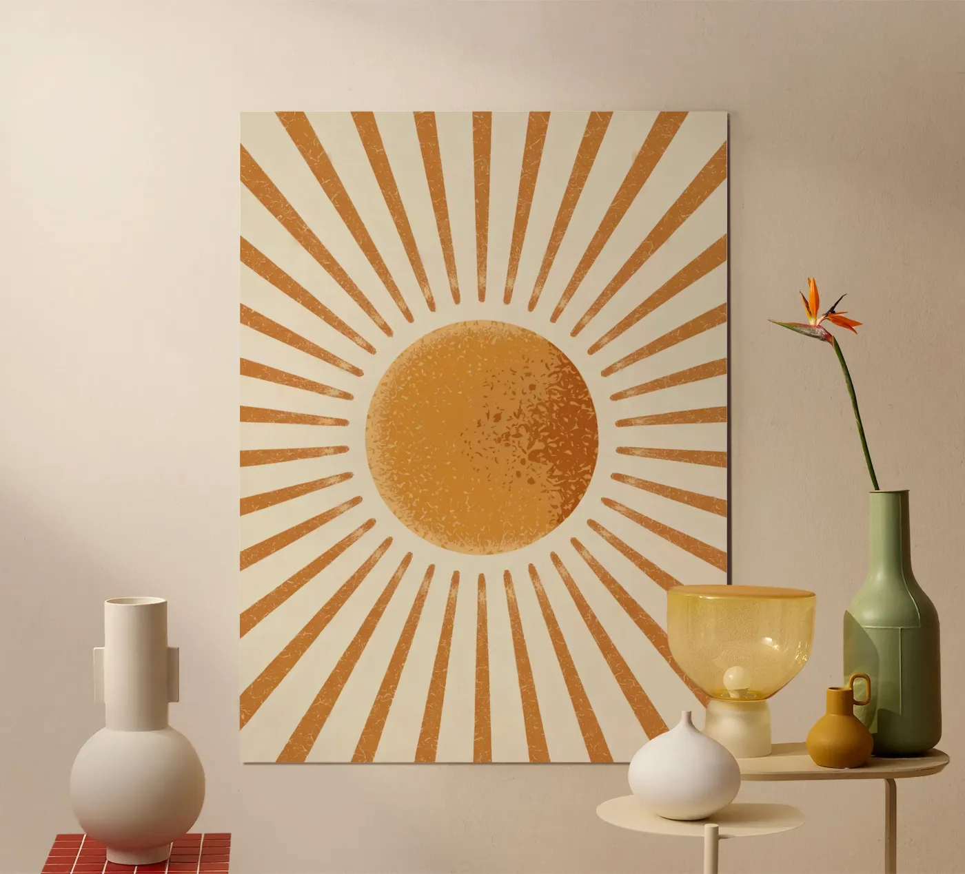 Wandbild „Sunburst“ – Poster mit gelber Sonne im Retro-Stil – Wohnaccessoire im Boho-Stil Poster von logic