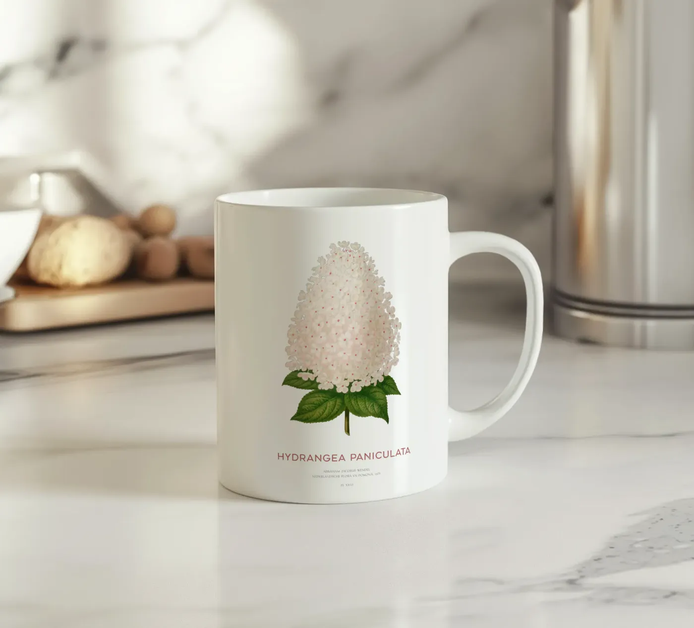 Panicled hydrangea or Hydrangea paniculata ceramic mug by Vintagrafica