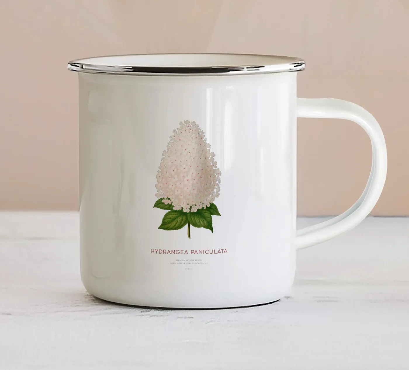 Panicled hydrangea or Hydrangea paniculata enamel mug by Vintagrafica