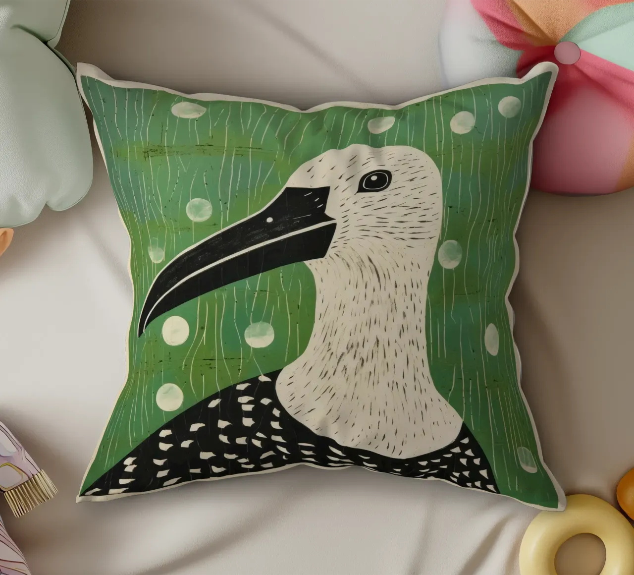 Albatros verde 4 cuscino da Minimal Animal Art