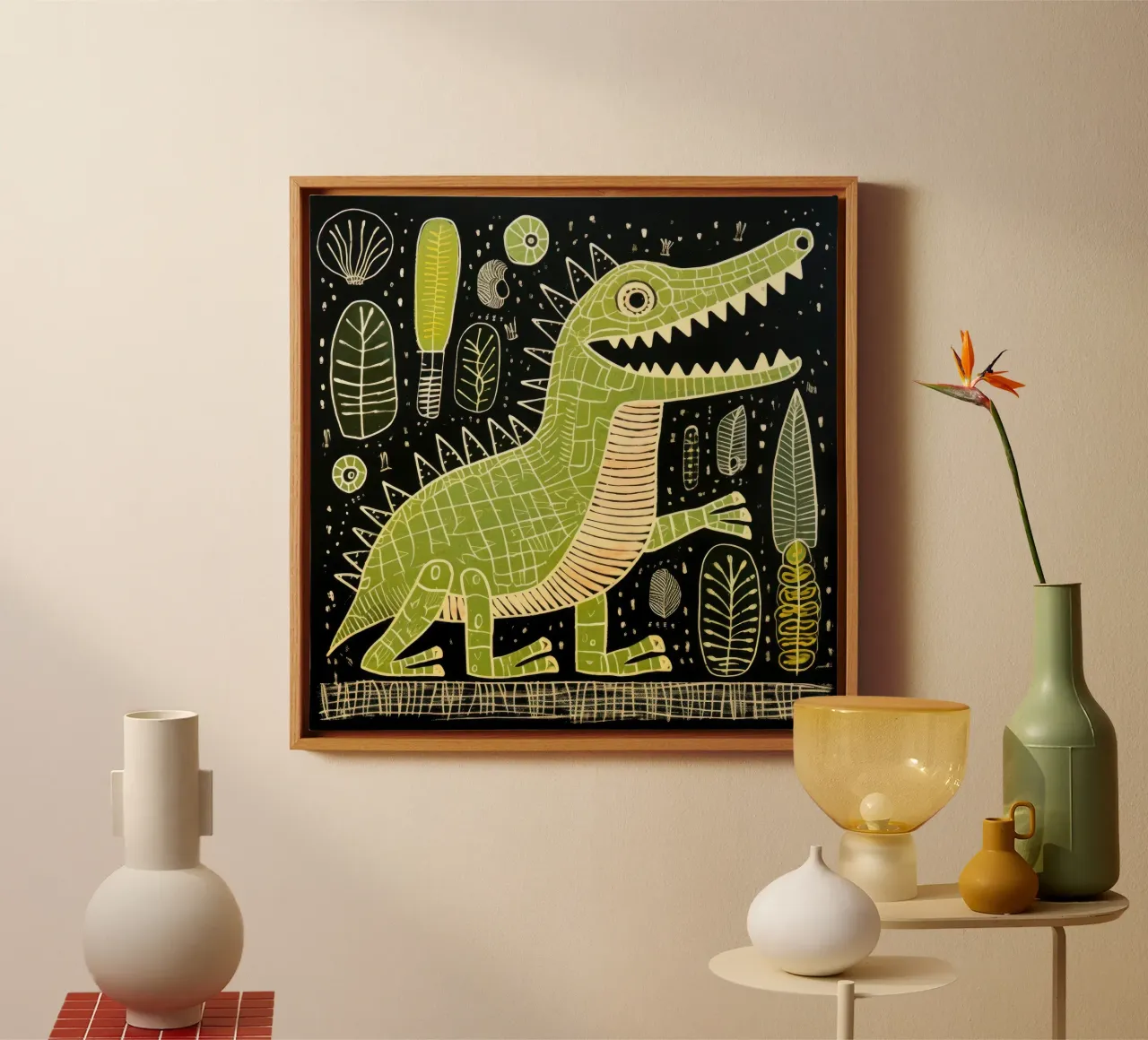Groene alligator 2 canvas met Baklijst van Minimal Animal Art