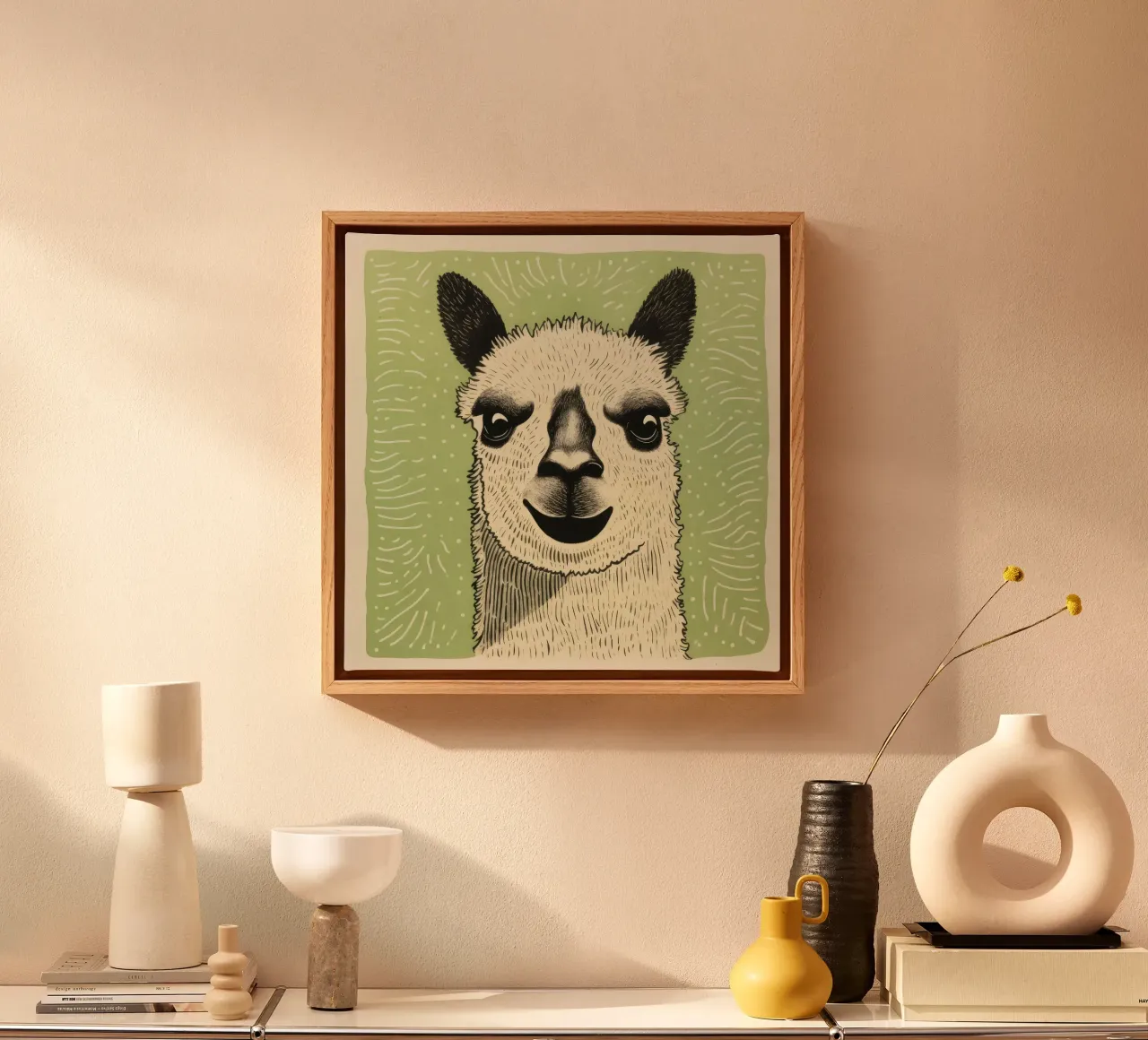 Grünes Alpaka 1 Leinwand mit Schattenfugenrahmen von Minimal Animal Art