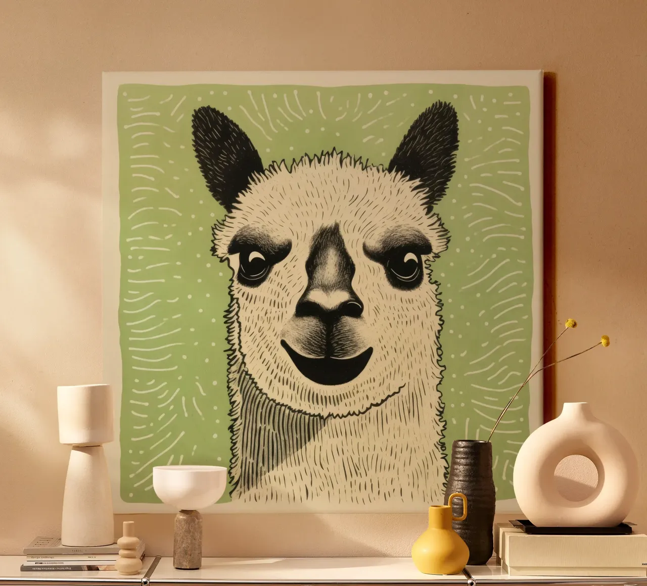 Grünes Alpaka 1 Leinwand mit Schattenfugenrahmen von Minimal Animal Art