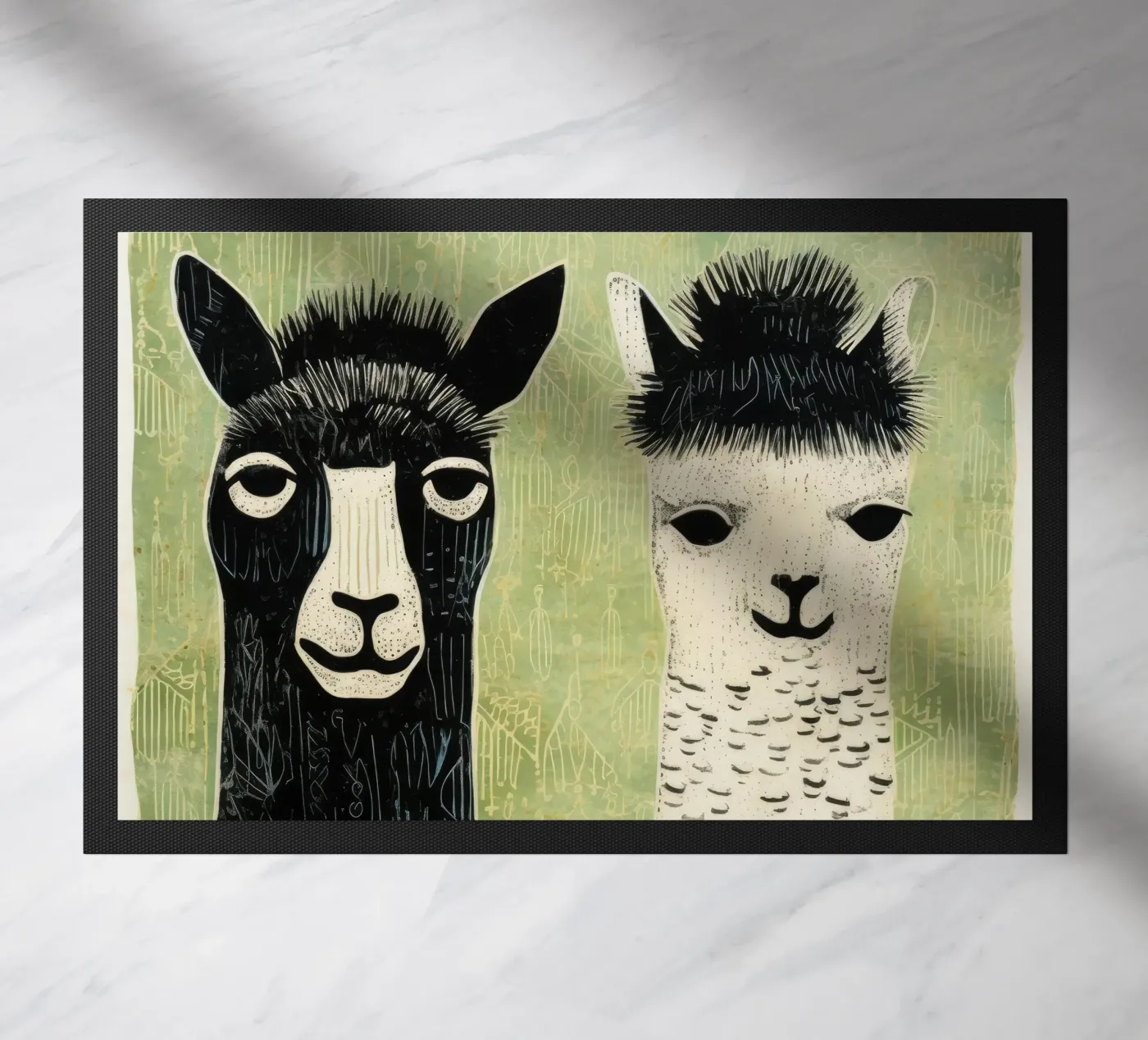 Green Alpacas doormat by Minimal Animal Art