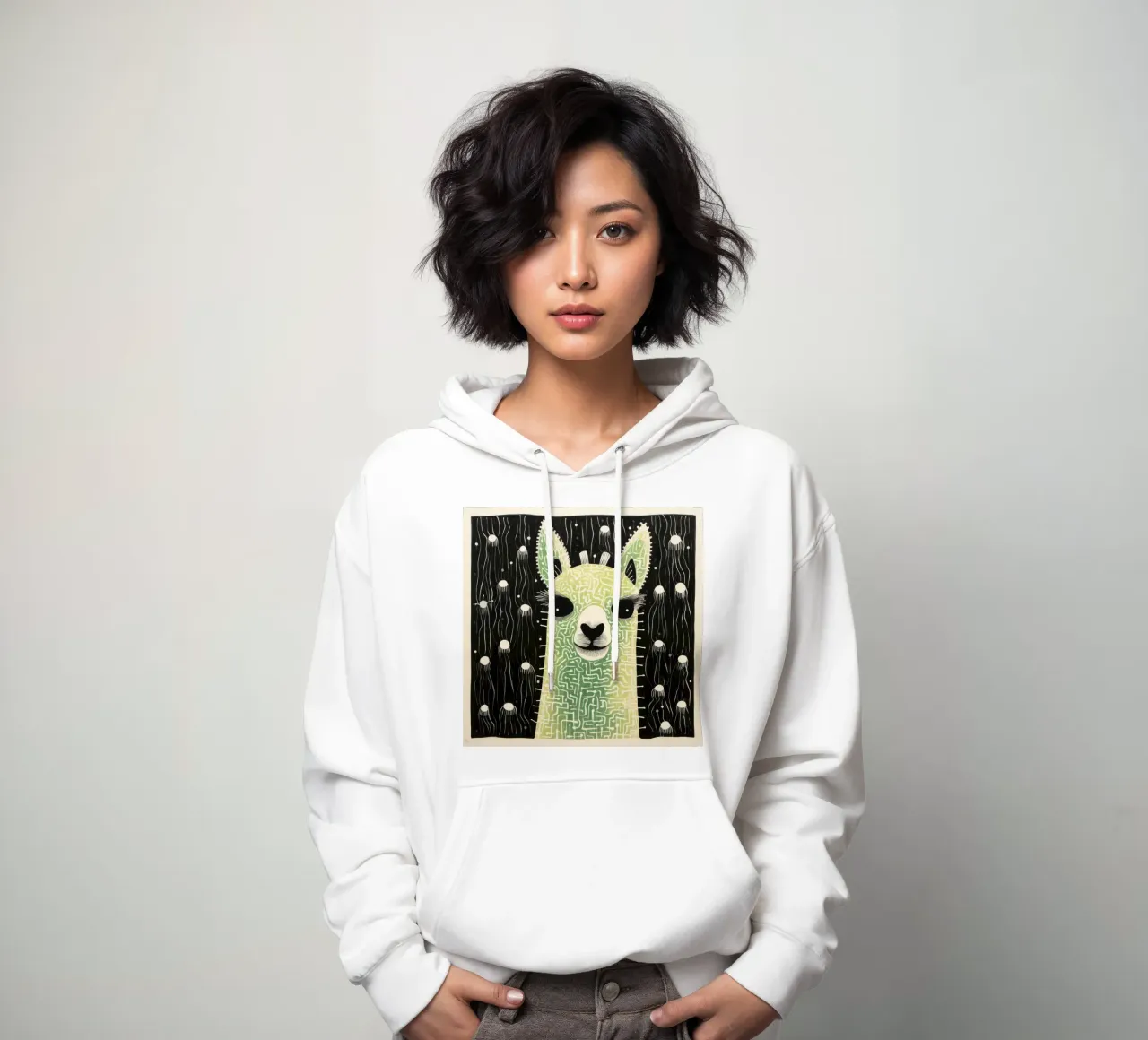 Alpaca verde 4 felpa con cappuccio da Minimal Animal Art