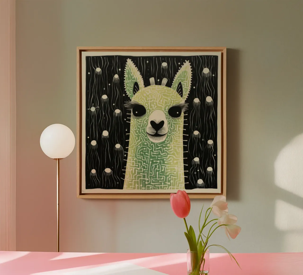 Groene alpaca 4 canvas met Baklijst van Minimal Animal Art