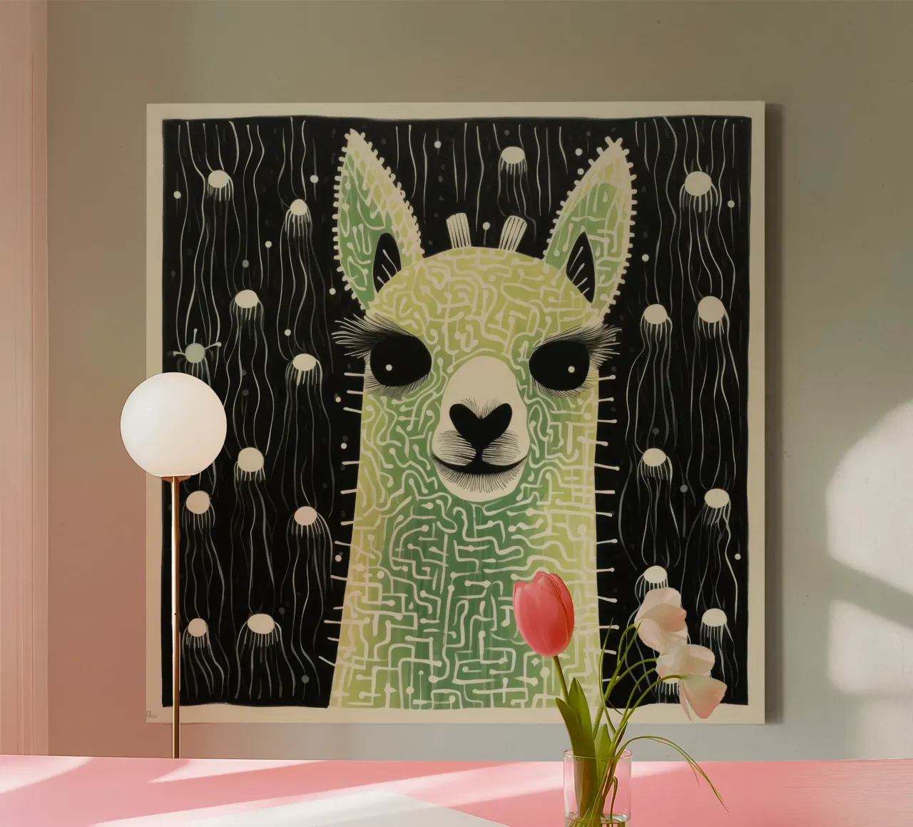 Groene alpaca 4 canvas met Baklijst van Minimal Animal Art