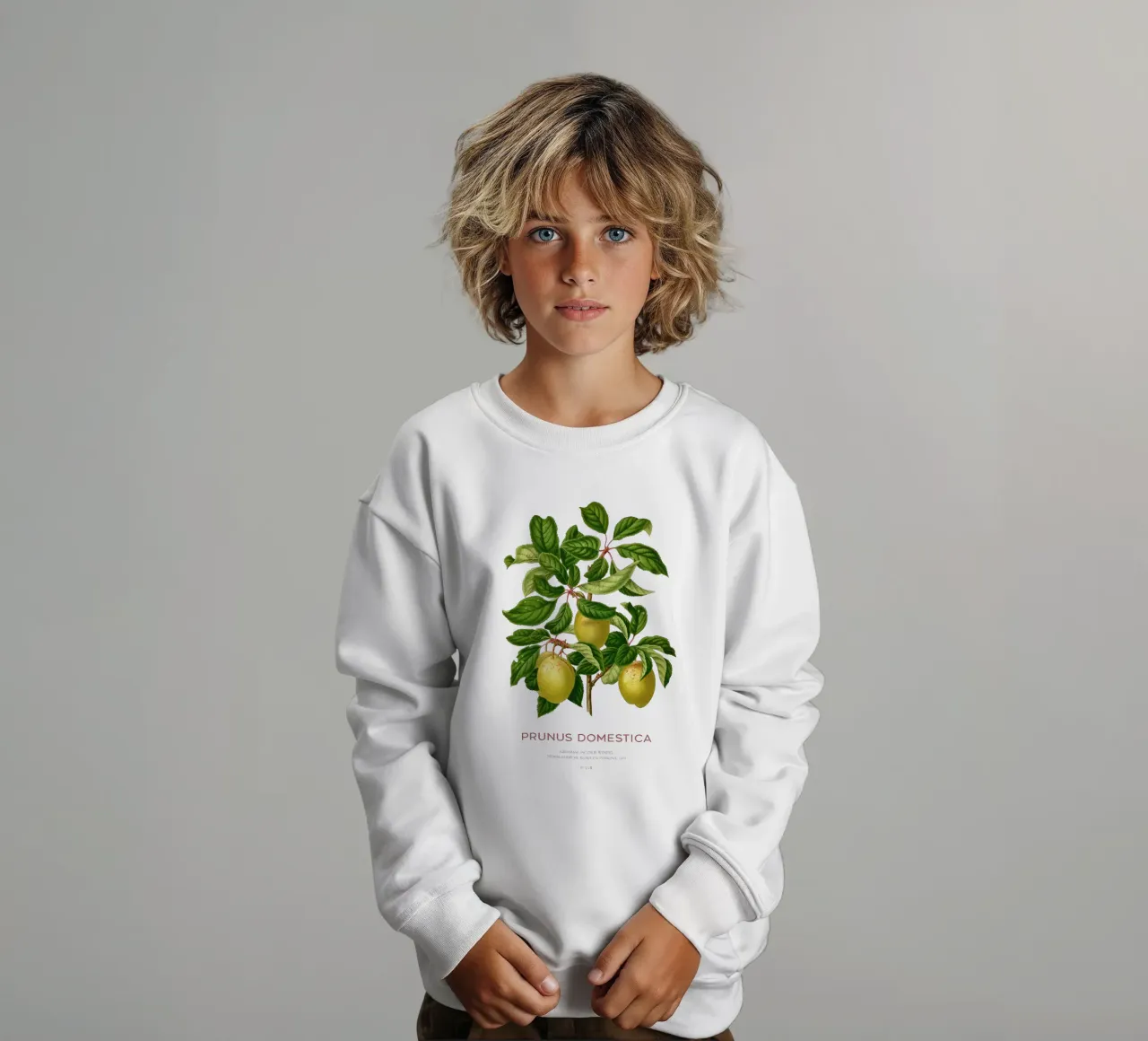 Plums on a branch or Prunus domestica kids sweatshirt by Vintagrafica