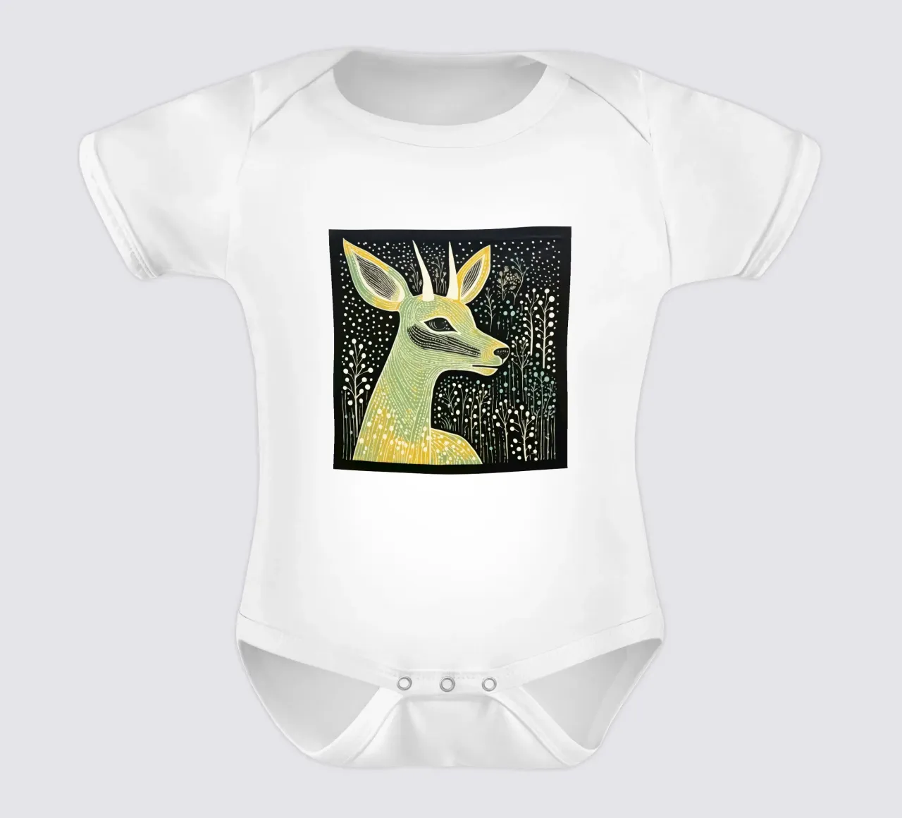 Green Antelope 4 short-sleeve baby romper by Minimal Animal Art