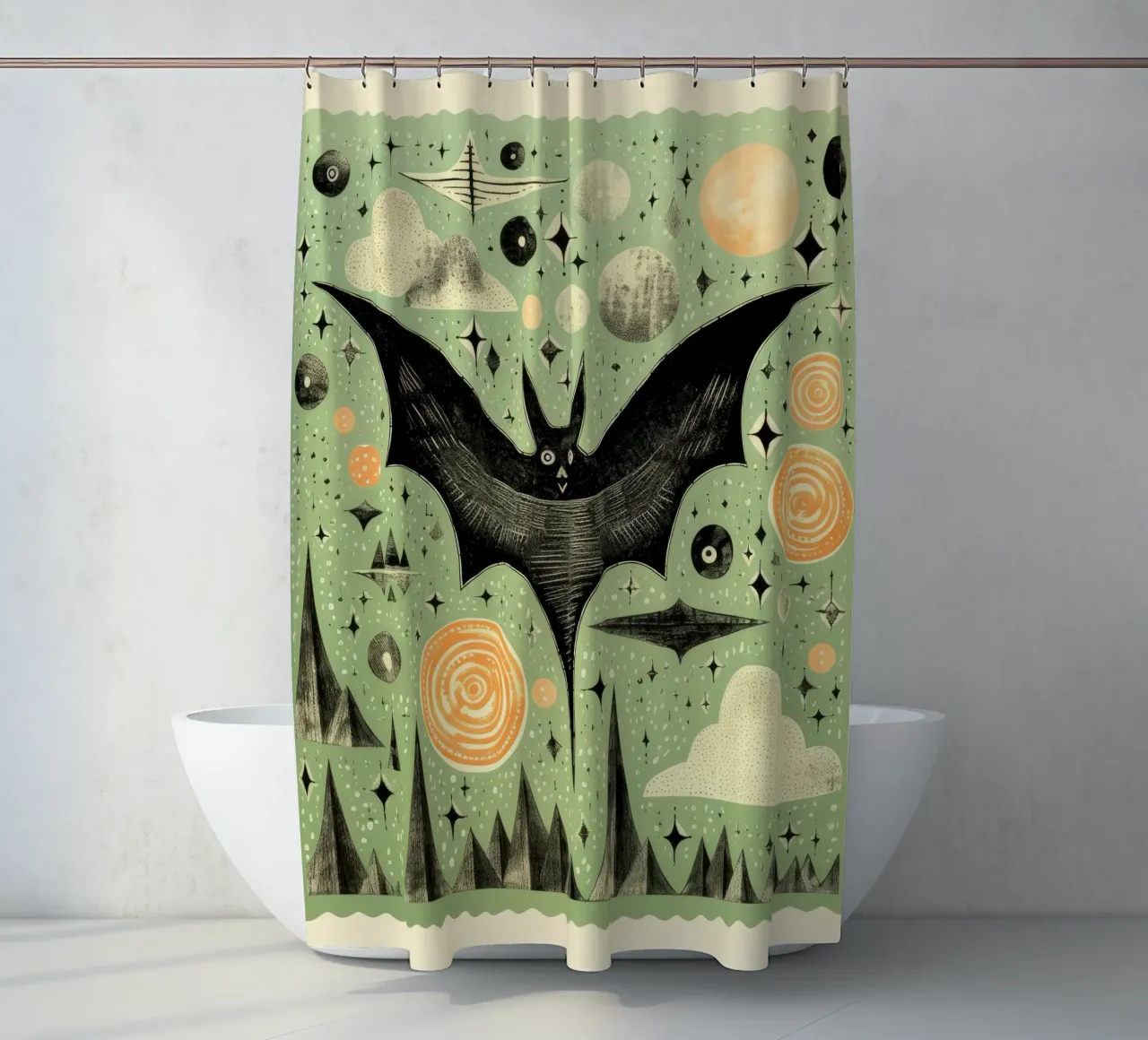 Pipistrello verde 1 tenda da doccia da Minimal Animal Art