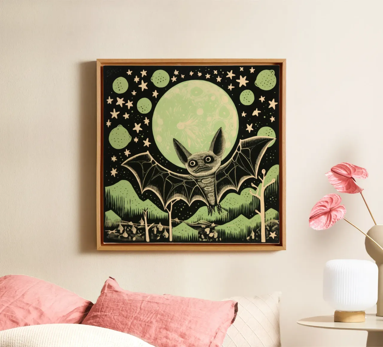 Pipistrello verde 2 tela con Cornice a cassetta da Minimal Animal Art
