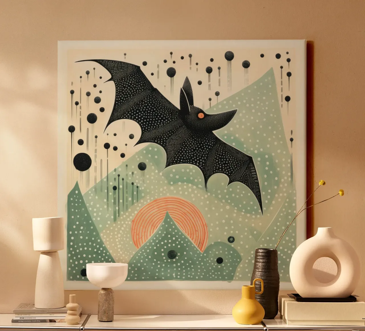 Pipistrello verde 3 tela con Cornice a cassetta da Minimal Animal Art