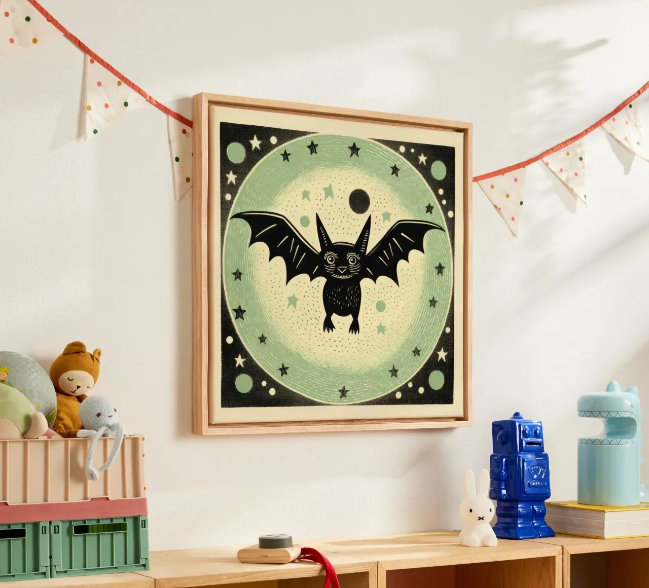 Pipistrello verde 4 tela con Cornice a cassetta da Minimal Animal Art