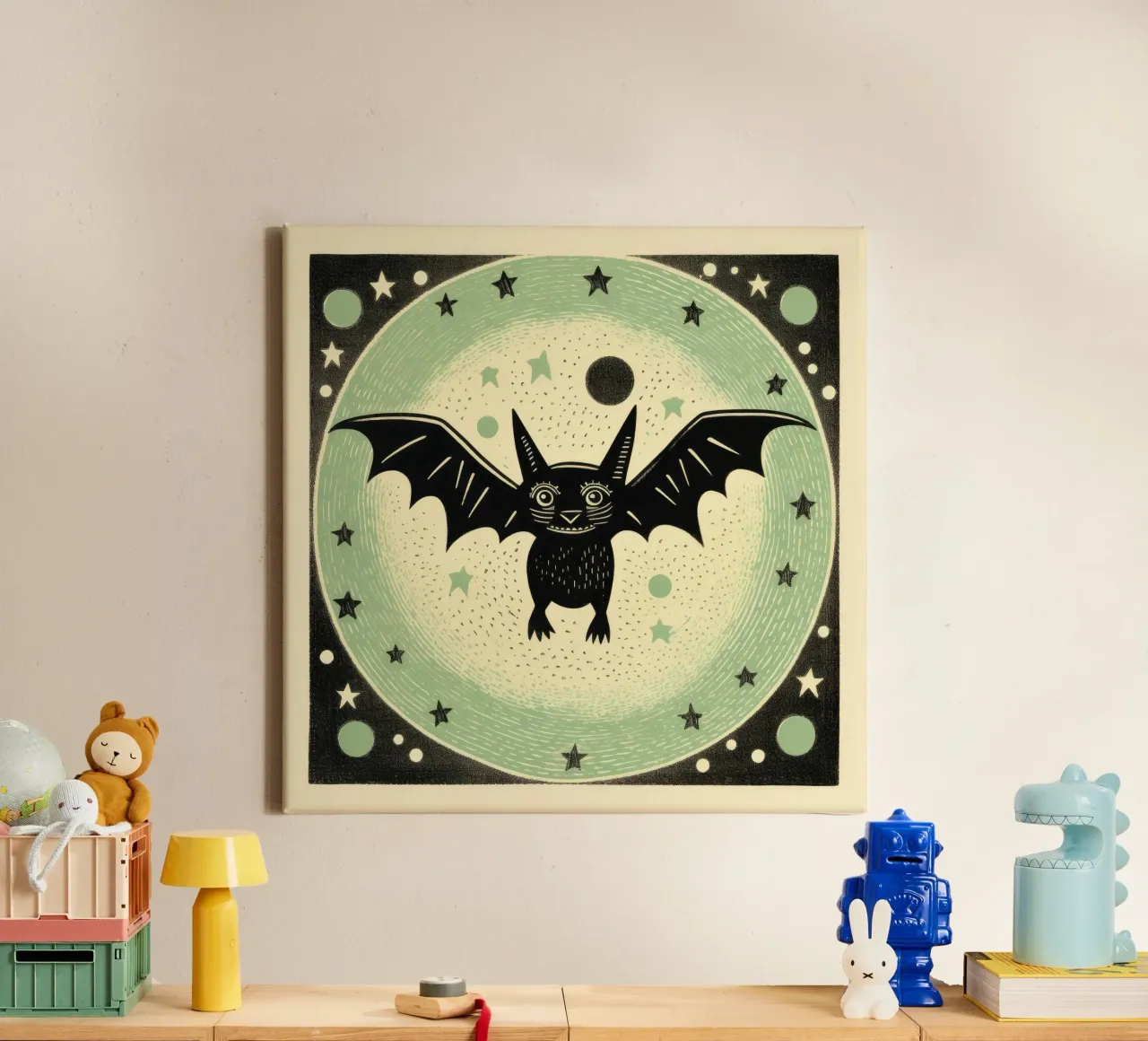 Pipistrello verde 4 tela con Cornice a cassetta da Minimal Animal Art