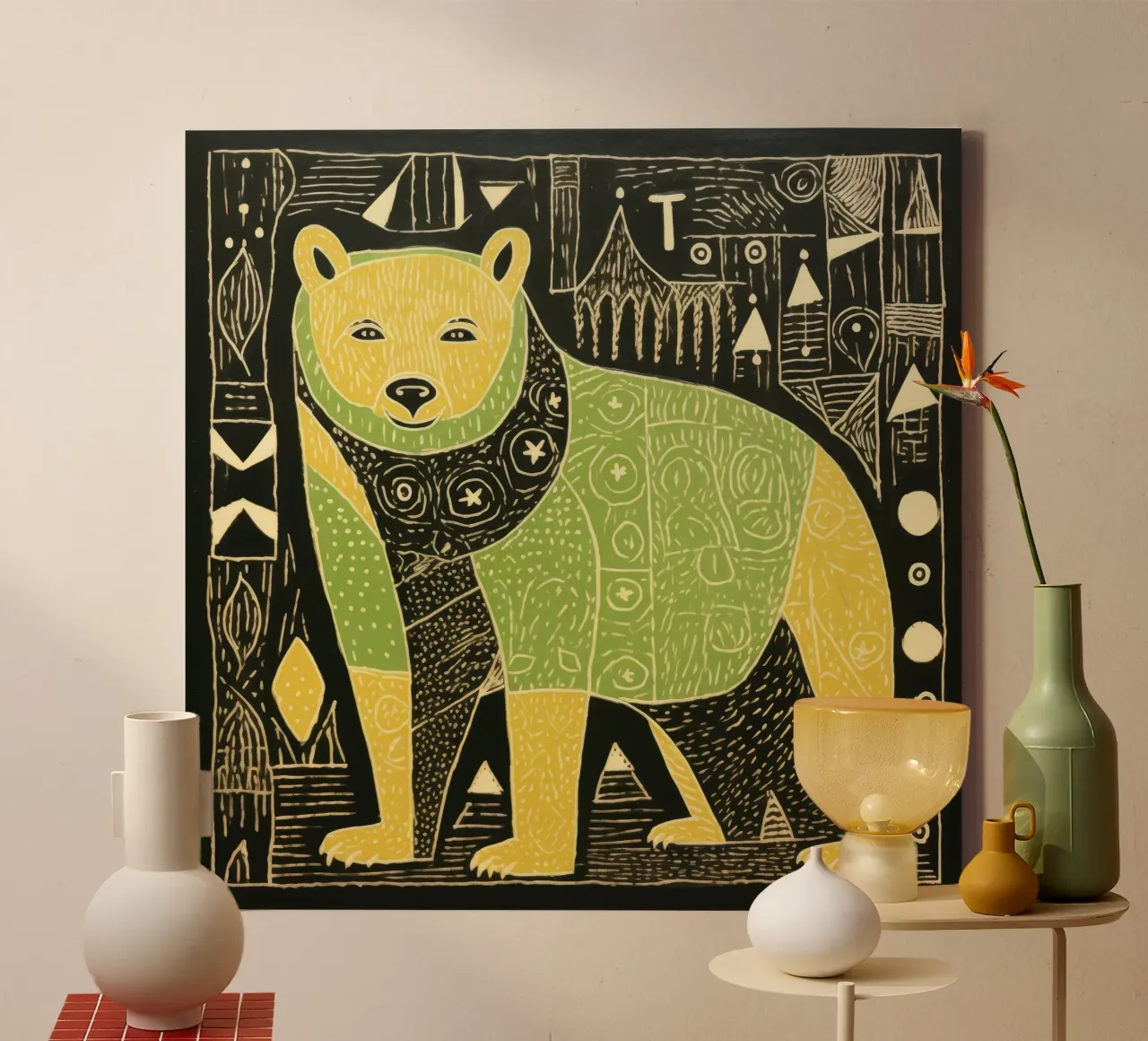Groene Beer 3 canvas met Baklijst van Minimal Animal Art