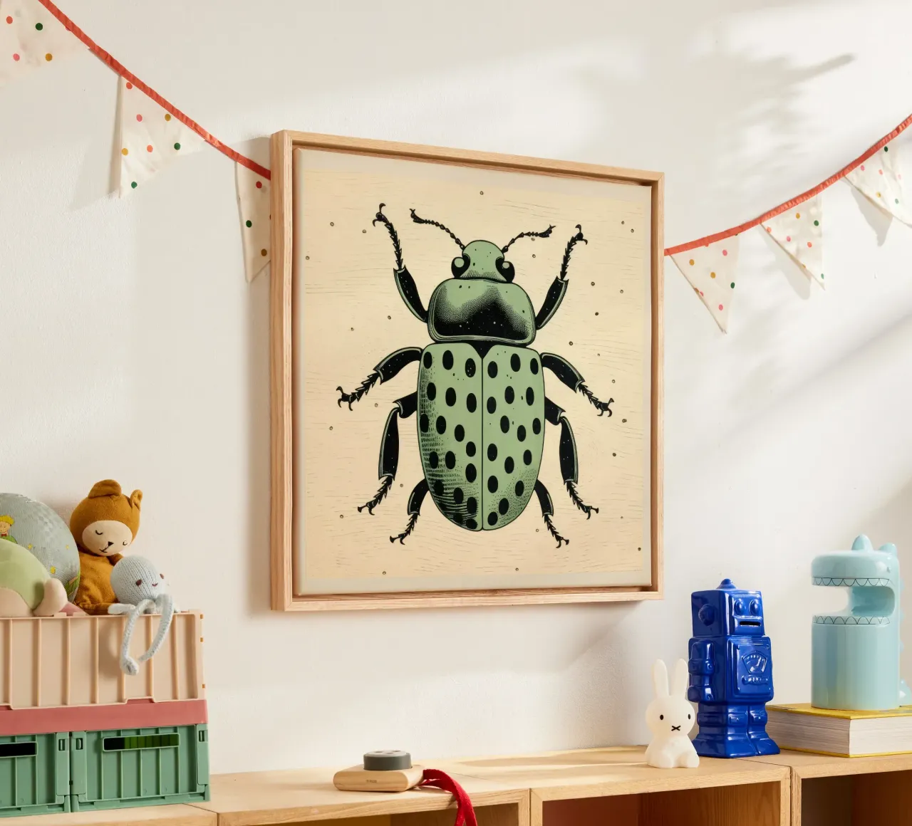 Grüner Käfer 4 Leinwand mit Schattenfugenrahmen von Minimal Animal Art