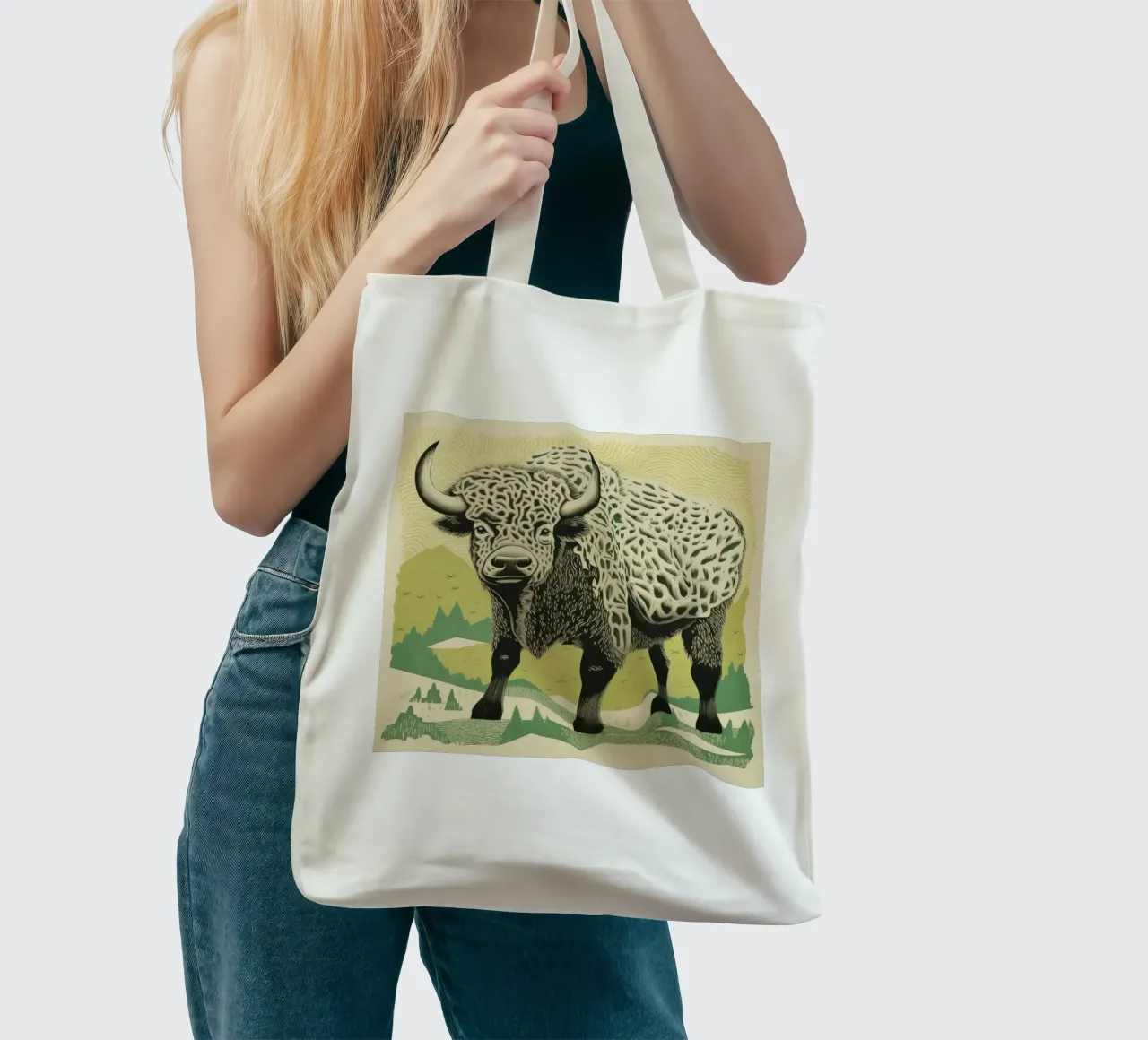 Bisonte verde 1 borsa in juta da Minimal Animal Art