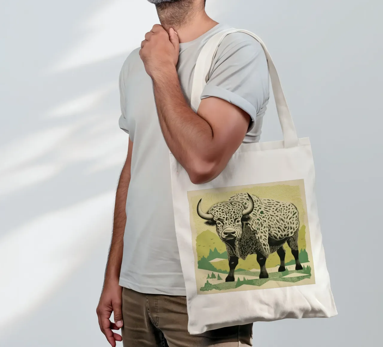 Bisonte verde 1 borsa in juta da Minimal Animal Art