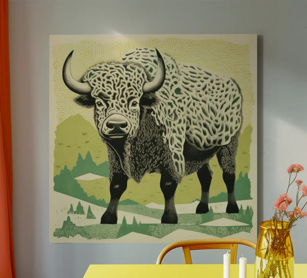 Bisonte verde 1 tela da Minimal Animal Art