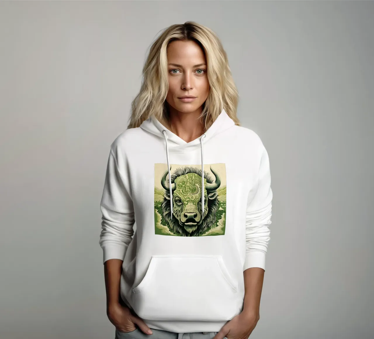 Bisonte verde 3 felpa con cappuccio da Minimal Animal Art