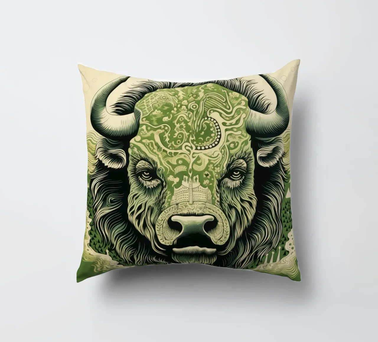 Bisonte verde 3 cuscino da Minimal Animal Art
