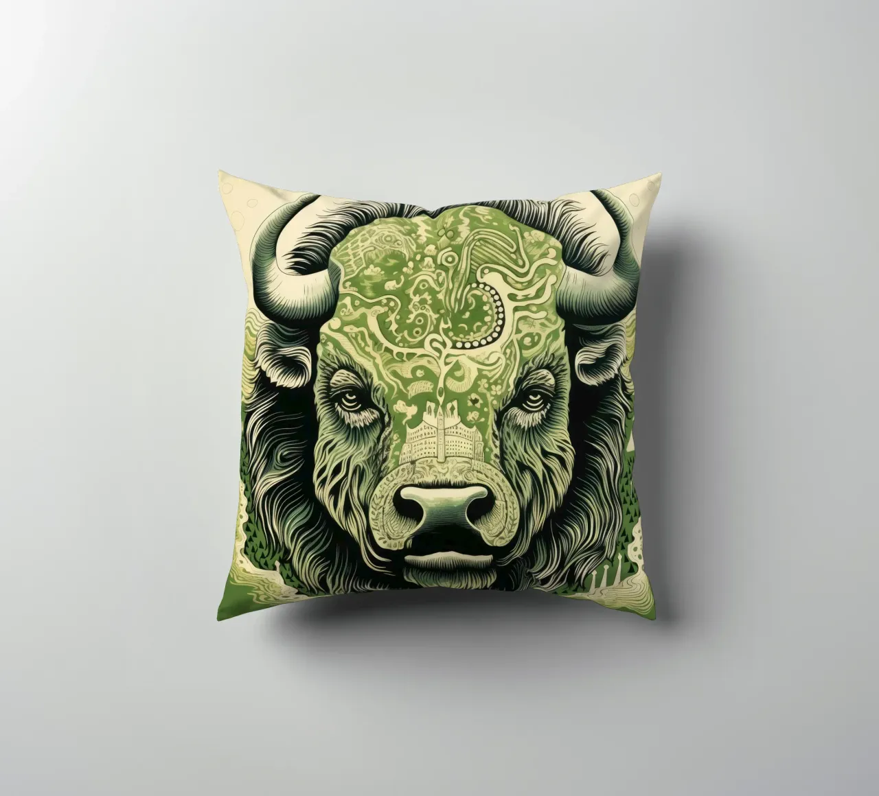 Bisonte verde 3 cuscino da Minimal Animal Art