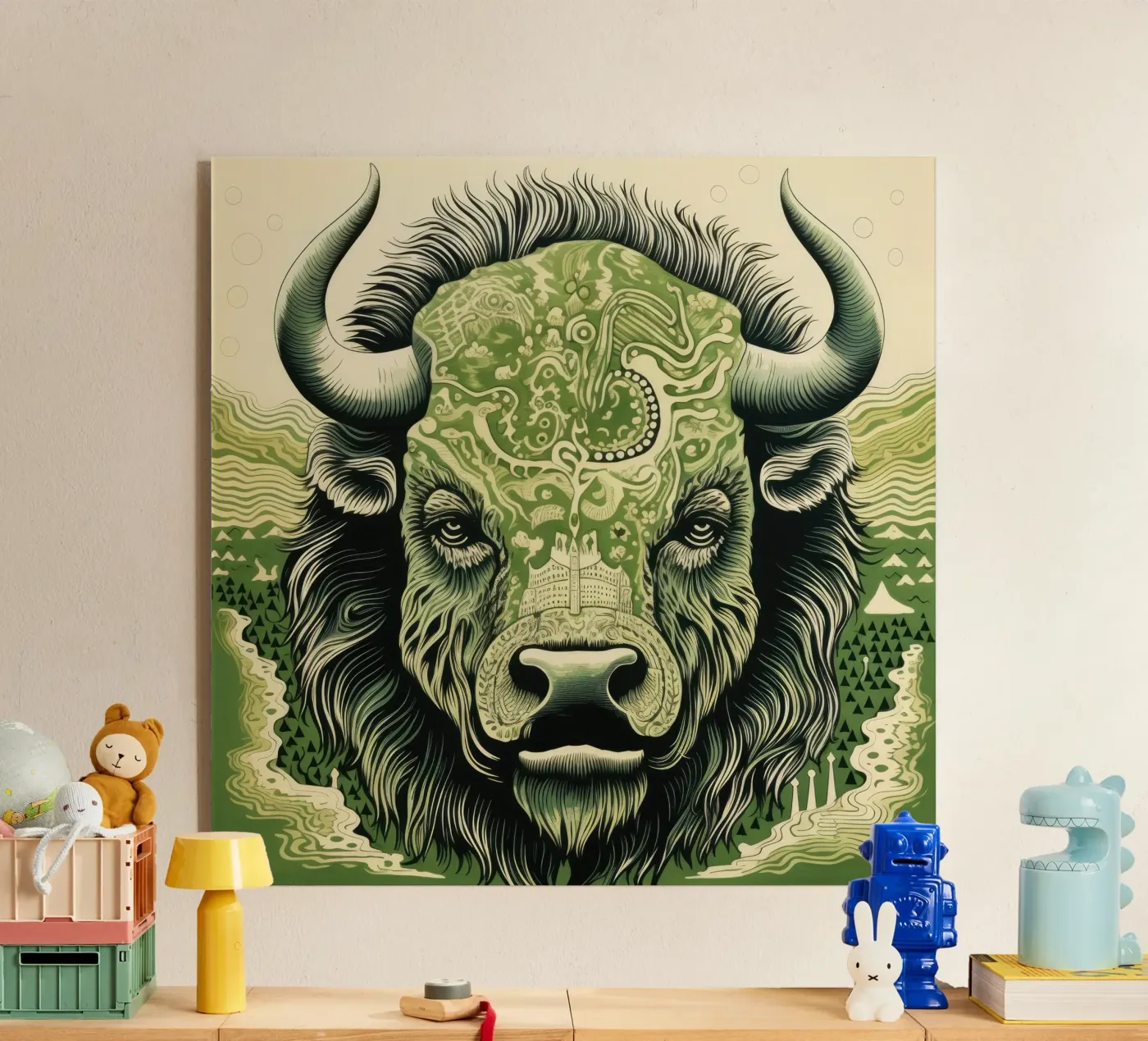 Grüner Wisent Acryl-Glas von Minimal Animal Art