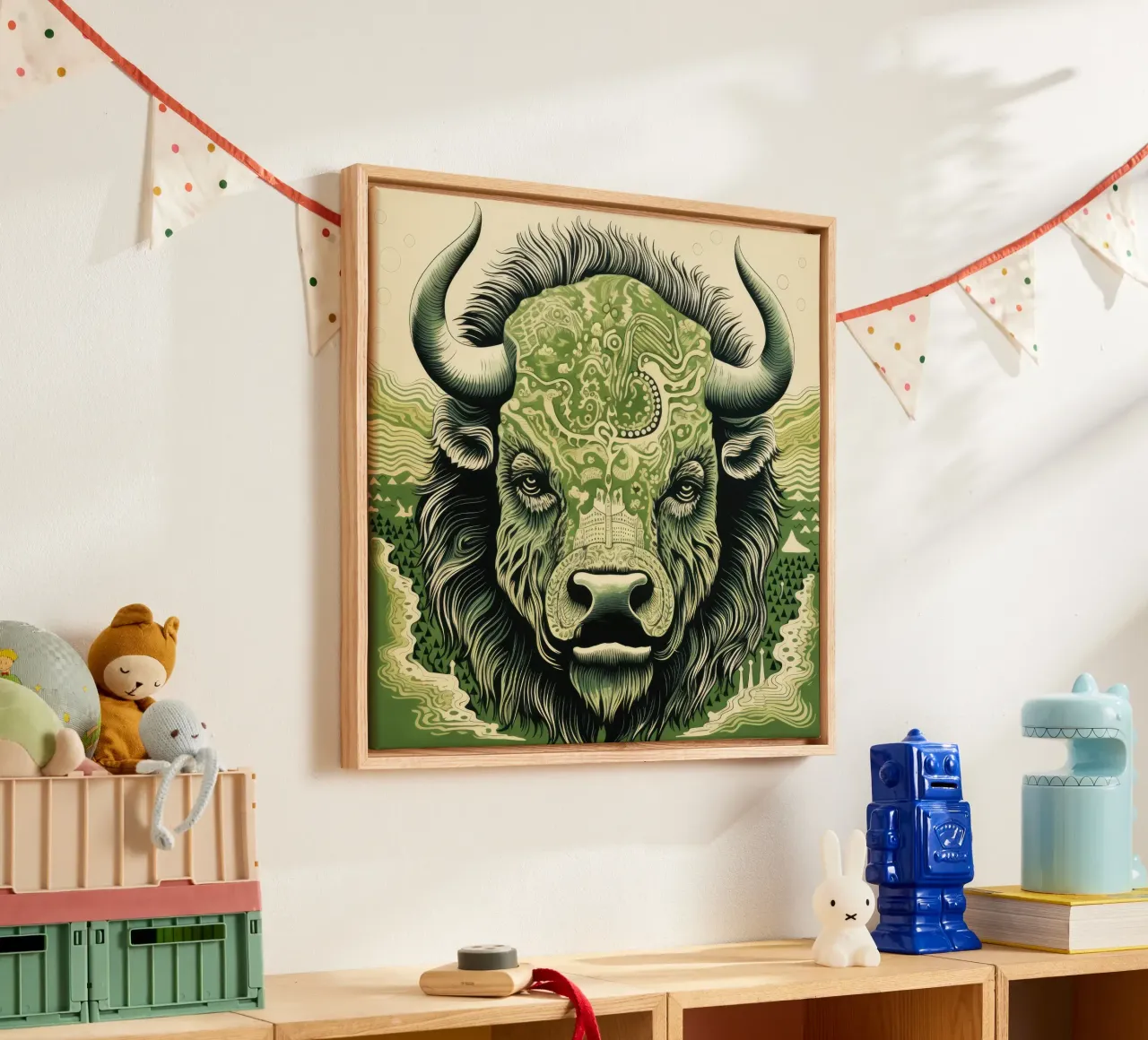 Bisonte verde 3 tela con Cornice a cassetta da Minimal Animal Art