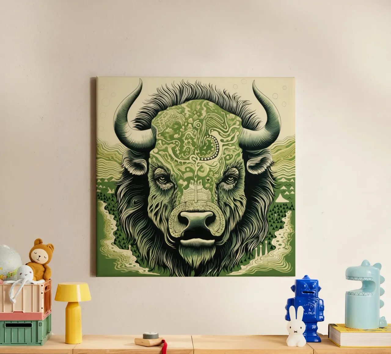 Bisonte verde 3 tela con Cornice a cassetta da Minimal Animal Art