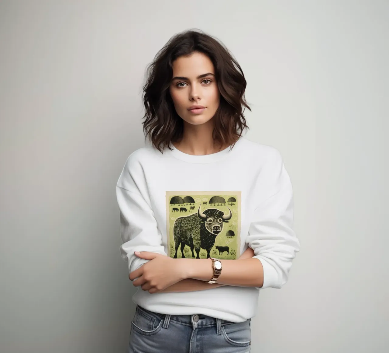 Grüner Wisent Sweatshirt von Minimal Animal Art