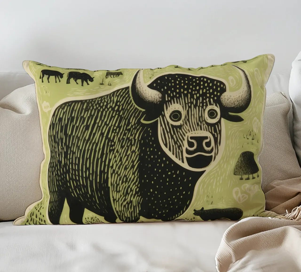 Bisonte verde 4 cuscino da Minimal Animal Art