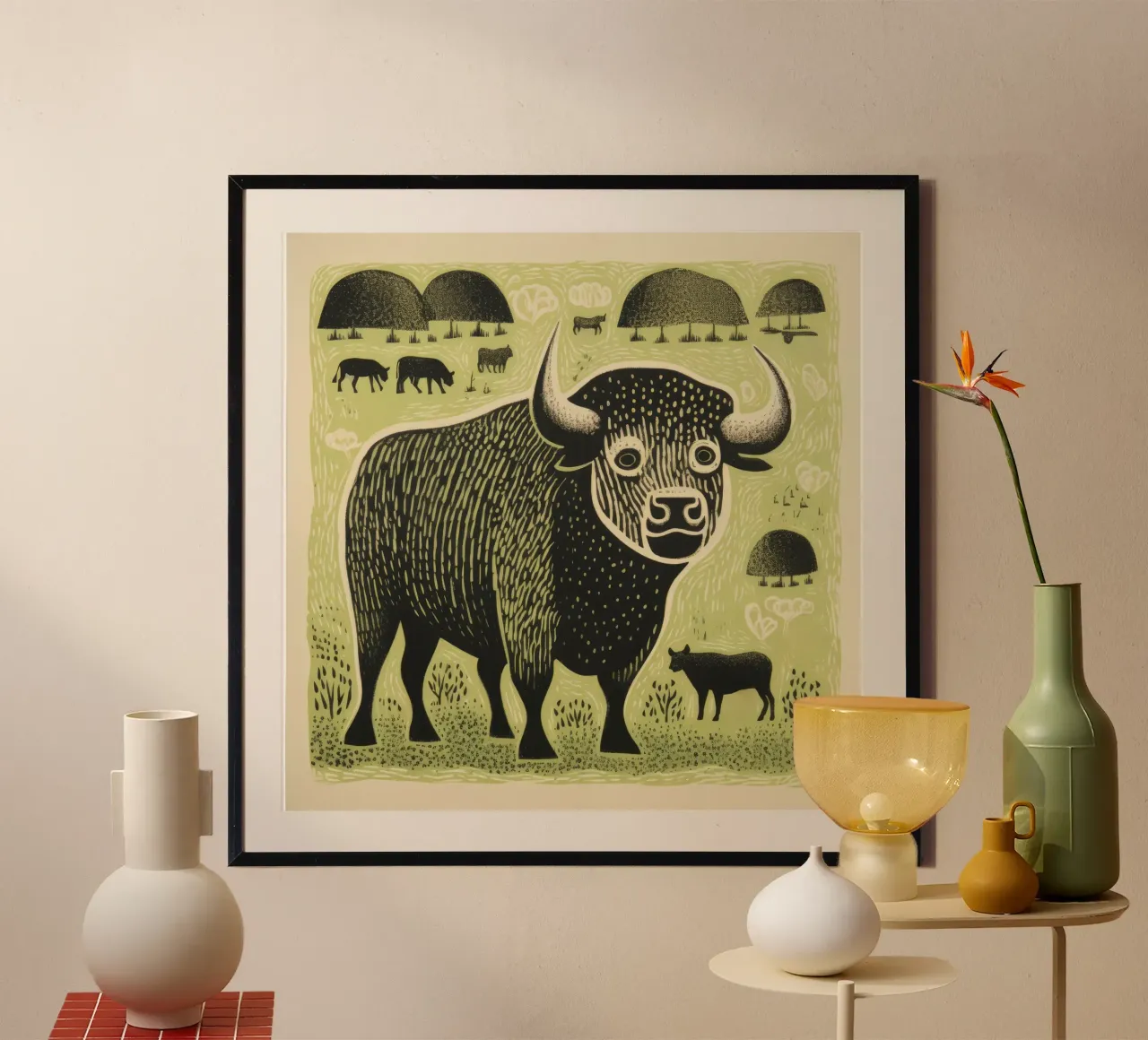 Bisonte verde 4 carta hahnemühle da Minimal Animal Art