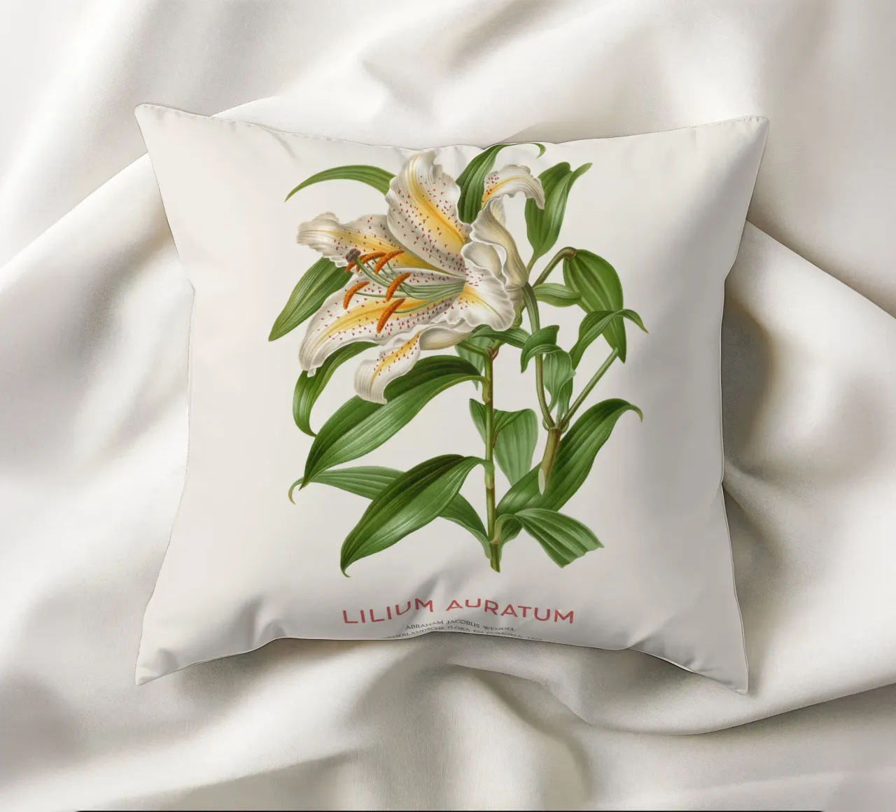 Golden-rayed lily or Lilium Auratum decorative cushion by Vintagrafica