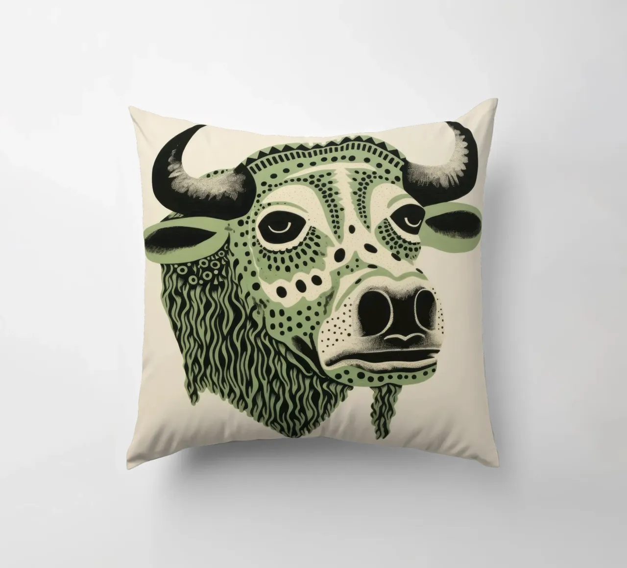 Green Buffalo 2 decorative cushion by Minimal Animal Art