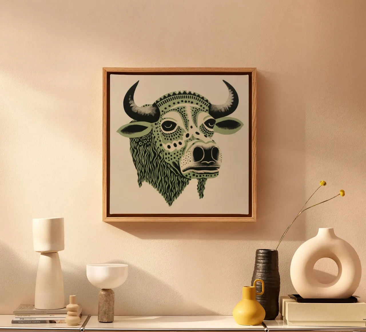 Groene Buffel 2 canvas met Baklijst van Minimal Animal Art