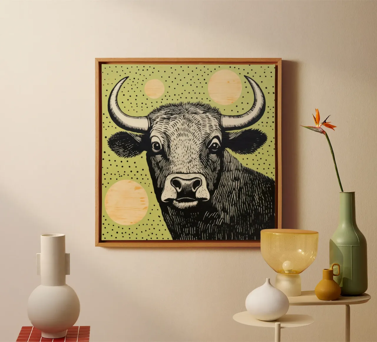 Groene Buffel 3 canvas met Baklijst van Minimal Animal Art