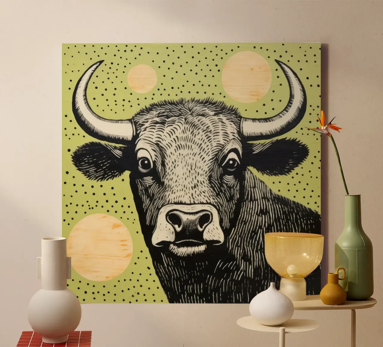 Groene Buffel 3 canvas met Baklijst van Minimal Animal Art