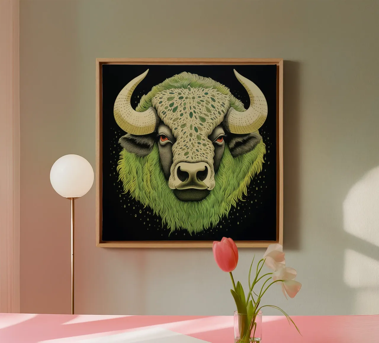 Groene Buffel 4 canvas met Baklijst van Minimal Animal Art