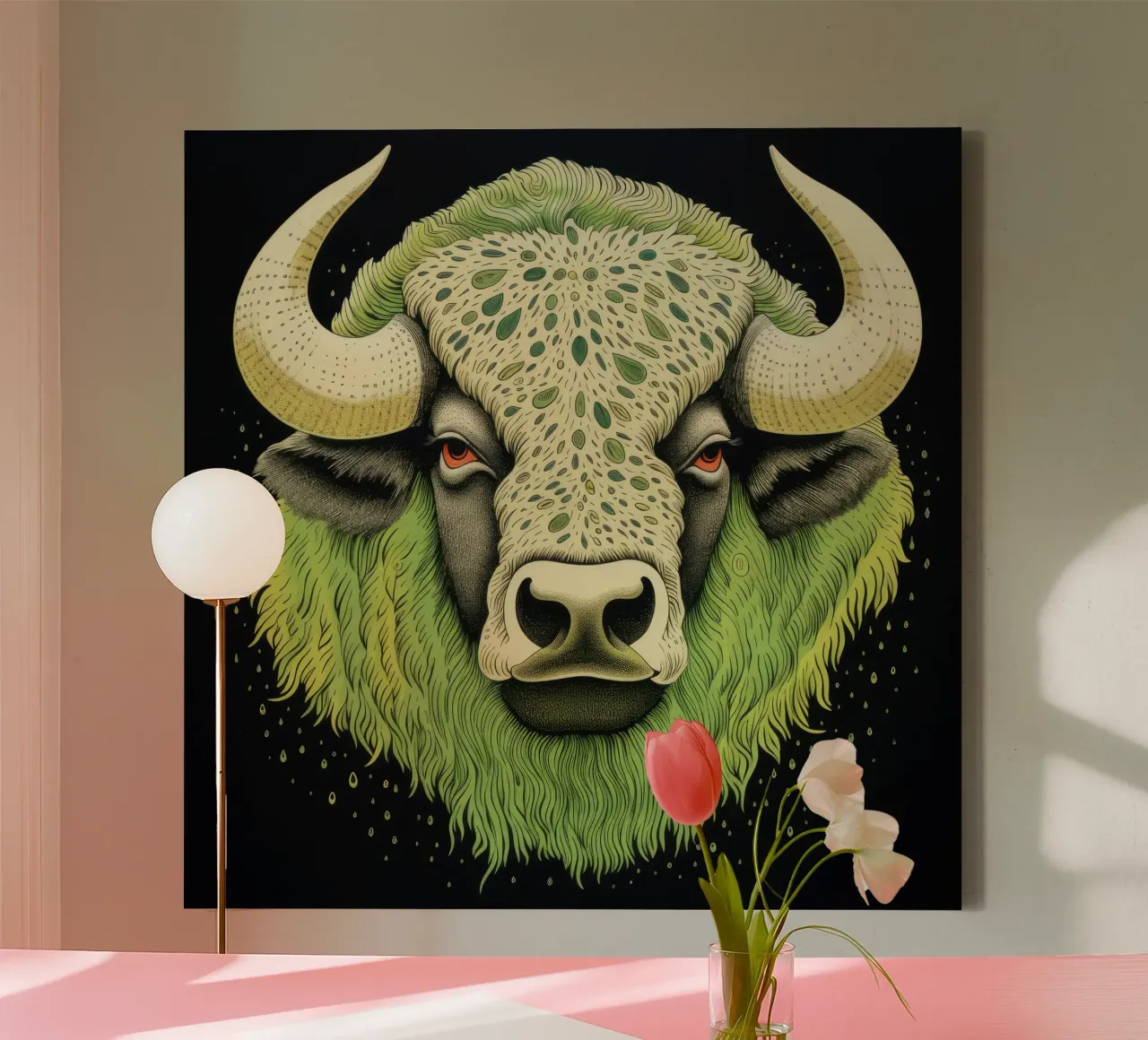 Groene Buffel 4 canvas met Baklijst van Minimal Animal Art