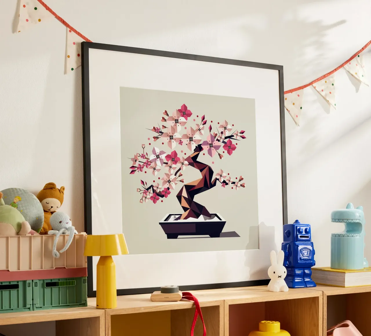 Bonsai di fiori di ciliegio - Arte geometrica senza tempo poster con telaio in alluminio da namosh