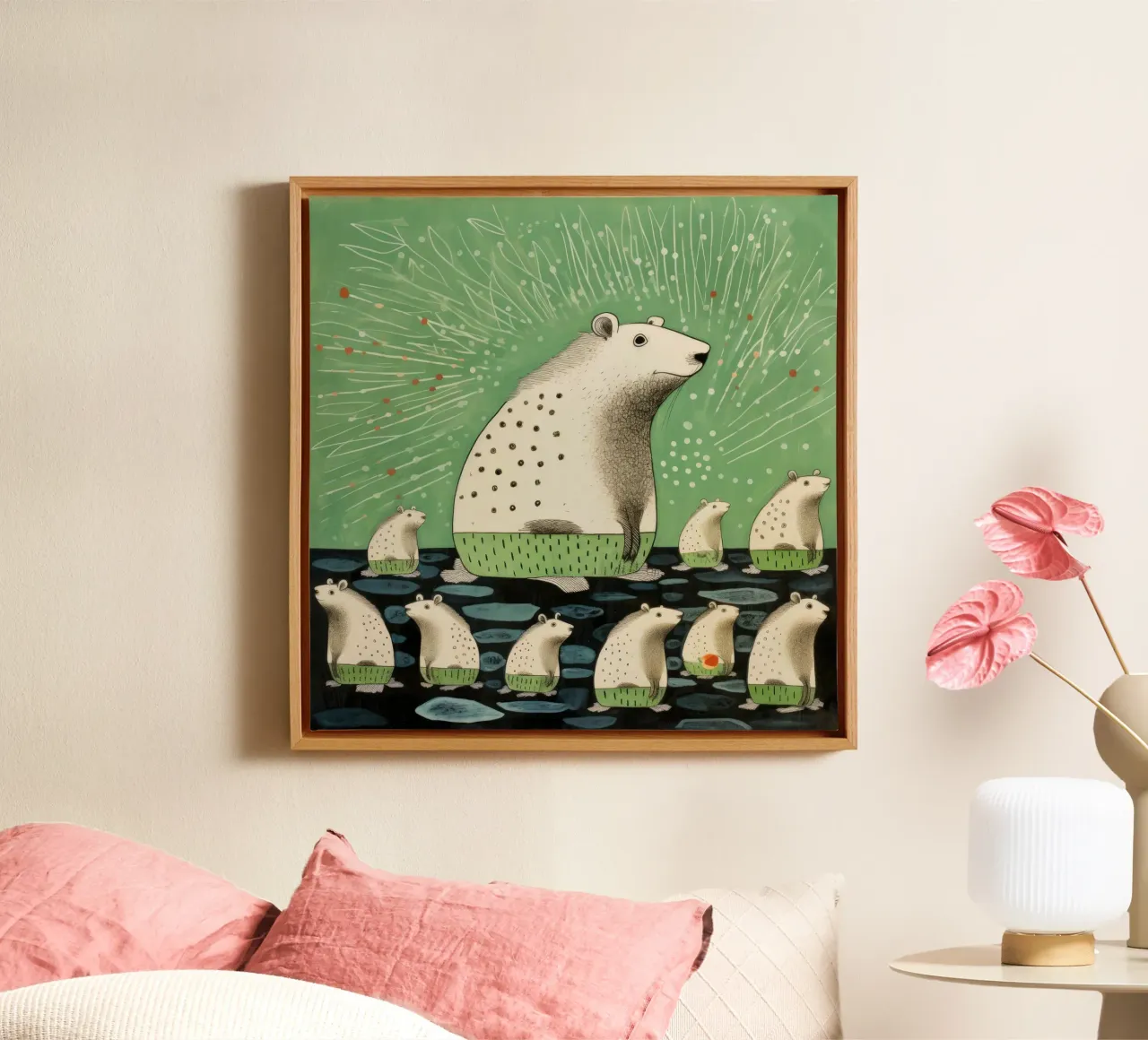 Green Capybara 4 canvas with Floater frame by Minimal Animal Art