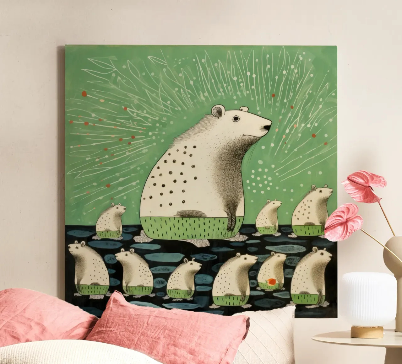 Green Capybara 4 canvas with Floater frame by Minimal Animal Art